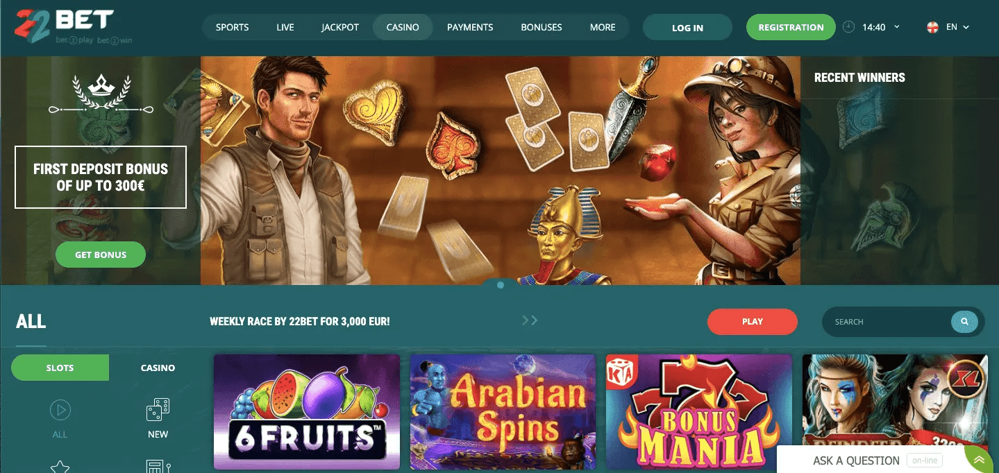 22BetCasino-Homepage